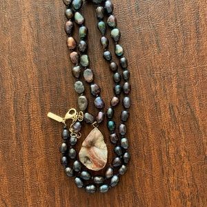 Grey oval Pearls necklace with a natural stone charm
17” L